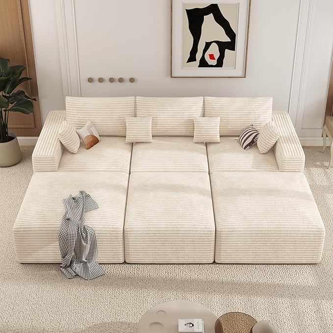 113 Modular Sectional Sofa Bed Convertible Cloud Couches for Living Room with Ottoman 6 Seater Corduroy Boneless Couch Sleeper Sofa Set No Assembly Required Beige 1 PCS
