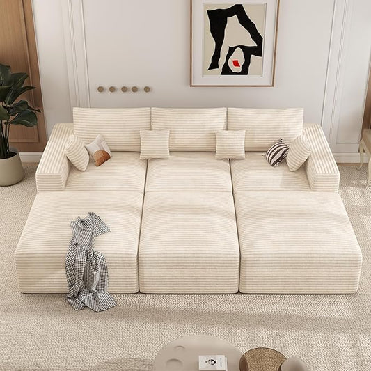 113 Modular Sectional Sofa Bed Convertible Cloud Couches for Living Room with Ottoman 6 Seater Corduroy Boneless Couch Sleeper Sofa Set No Assembly Required Beige 1 PCS