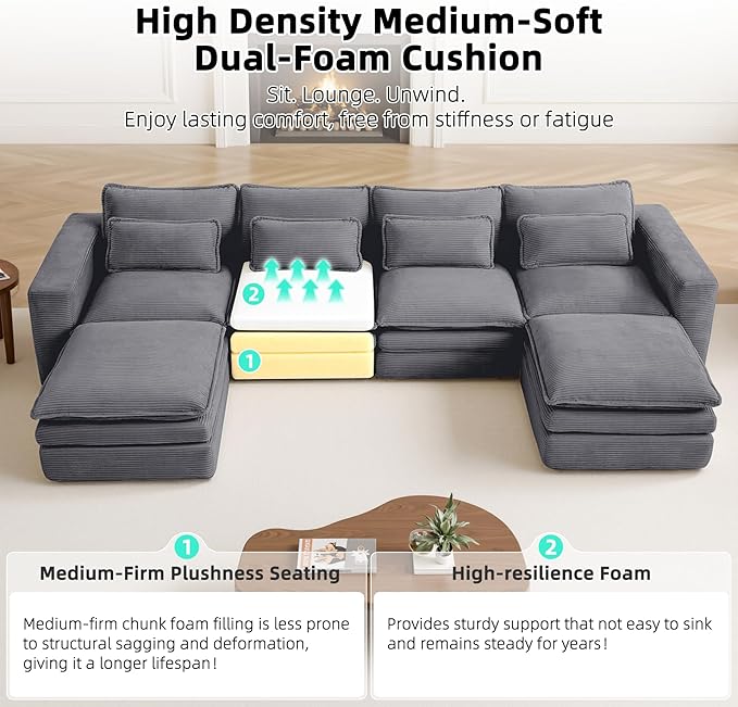 140 Sectional Couches Boneless Modular Sofa for Living Room with 2 Ottoman | No Assembly Required DIY Sofa Bed U shaped Couch | Corduroy Deep Seat with Double Layer Cushion &amp Removable Cover | Gr