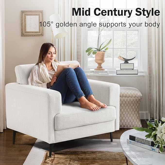 Oversized Accent Chair Upholstered Living Room Chairs Single Sofa Chair w/Metal Legs Comfy Linen Fabric Reading Lounge Armchair for Apartment Bedroom Office Cream 1PC