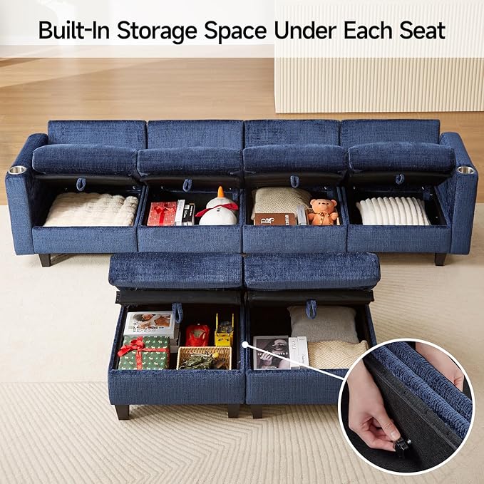ONBRILL 110 U-Shaped Modular Sectional Sofa Convertible Sleeper Sofa Couch Bed with Adjustable Backrest Chenille Couch with Movable Ottoman Couches for Living RoomBedroom and ApartmentBlue