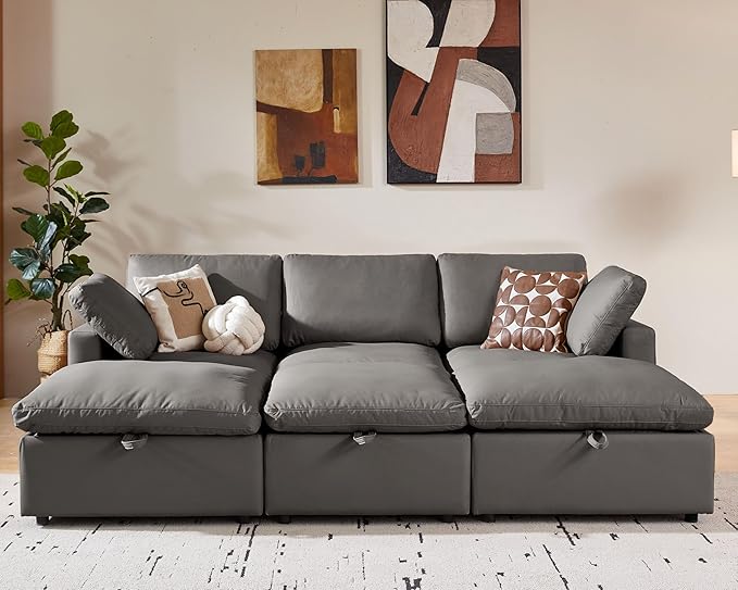 WEUP 102 Faux Leather Modular Sectional Couch 6 Seat Sleeper Sofa Bed with Storage Ottomans Scratch Resistant Leather Sofa Spacious Deep Seat Mid Century Modern Couches for Living RoomGrey