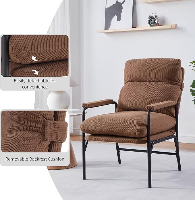 Modern Recliner Chair with Adjustable 3-Level Backrest &amp Removable Corduroy Cushions - 396 lbs Capacity Metal Frame Lounge Chair for Living Room Bedroom Office - Ergonomic Reading &amp Gaming S