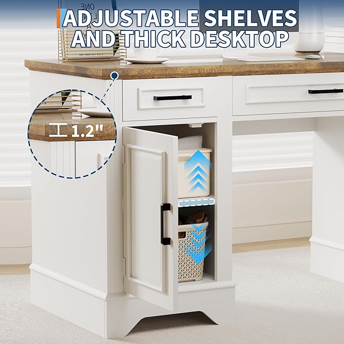 58in Farmhouse Computer Desk with File Drawers White Writing Desk with Storage Cabinet Wooden Home Office Desk for Home Office or Study