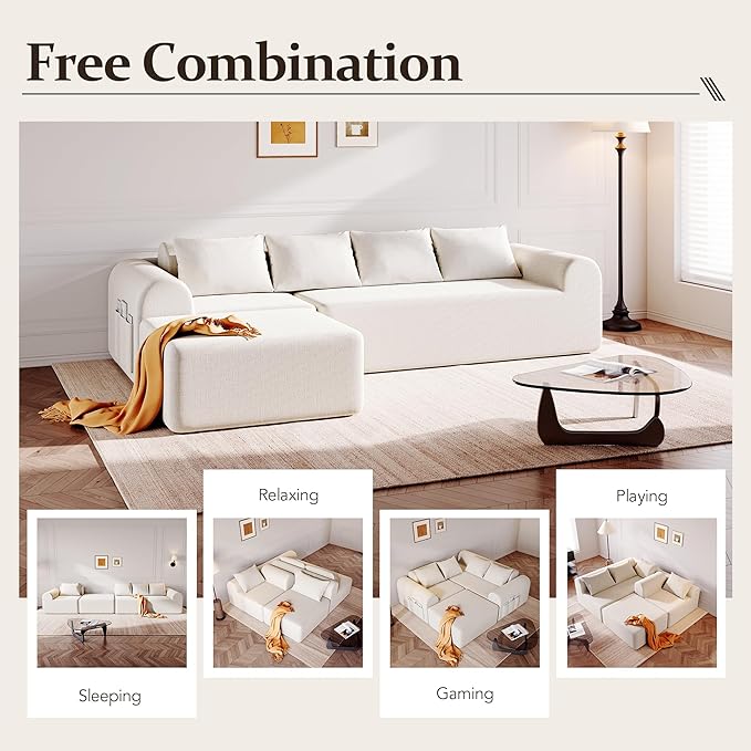 105.5” Cloud Boneless Sectional Sofa for Living Room L-Shaped 4-Seater Modular Couch with Ottoman &amp 4 Pillows Deep Seat Chenille Fabric Sofa No Assembly 72H Full Restore Beige