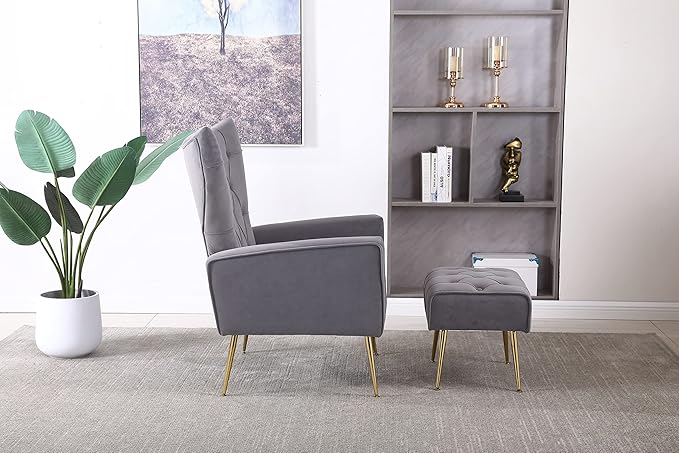 Modern Accent Chair with Ottoman Comfortable Armchair for Living Room Bedroom Apartment Office (Grey)