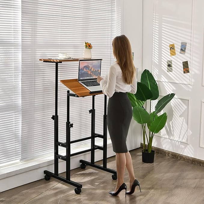 Standing Desk Height Adjustable Sit-Stand Desk with Tiltable Desk Top Rolling Laptop Stand &amp Workstation Mobile Stand up Computer Desk on Wheels for Small Spaces Home &amp Office (Coffee)