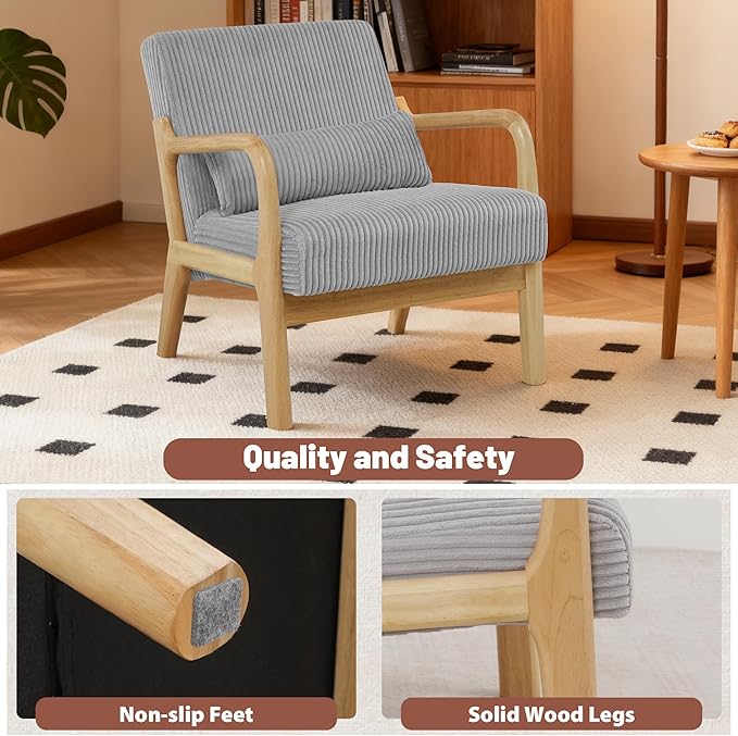 Accent Chair Mid-Century Modern Armchair with Waist Cushion Fabric Lounge Reading Chair with Wood Frame Comfy Single Sitting Seat for Living Room Bedroom Balcony up to 450lbs Gray