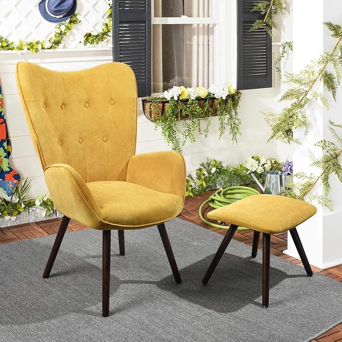 Accent Chair Ottoman Set for Living Room Wing Back Armchair Tufted Back Upholstery Living Room Chairs - Orange