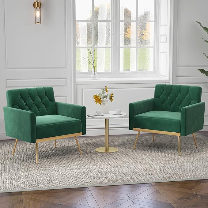 KOMFOTT Velvet Accent Chairs Set of 2 Modern Tufted Arm Chair with Golden Metal Legs &amp Adjustable Foot Pads Upholstered Sofa Chair Reading Chair for Bedroom Comfy Living Room Chairs Green