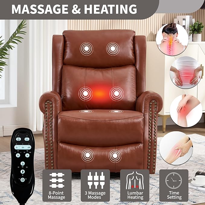 PELUMY Genuine Leather Swivel Rocking Recliner Chair for Adults 360° Swivel Glider Rocker with Heat &amp Vibrating Massage Lounge Chair for Living Room Bedroom Nursery (Tangerine-Red Brown)