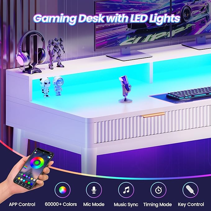 SEDETA Office Desk with 4 Storage Drawers 59 Fluted Wood Gaming Computer Desk with LED Lights and Power Strip Modern Writing Desk Study Table for Home Office Living Room Bedroom White