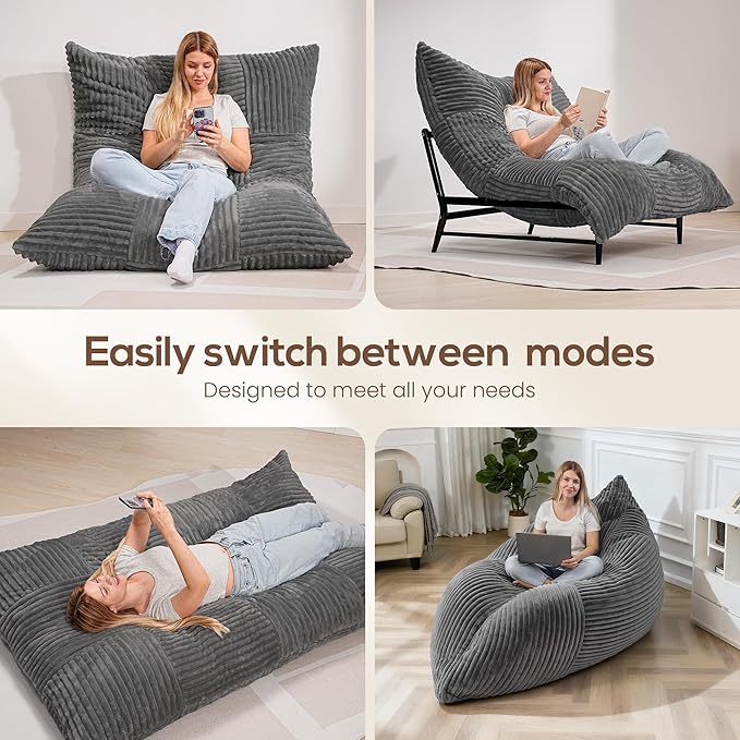 Modern Accent Chair Giant Bean Bag Lounge Chairs with Sturdy Metal Frame &amp Washable Cover Comfy Upholstered Chair for Reading Room Bedroom Grey
