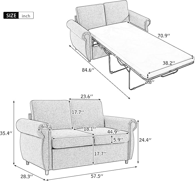 Merax 57.9 Loveseat Sofa Couch with Pull Out Bed 3 in 1 Convertible Line Fabric Sleeper Sofa Bed with 2 USB Ports and Twin Size Memory Mattress for Apartment Office Living Room (Grey)