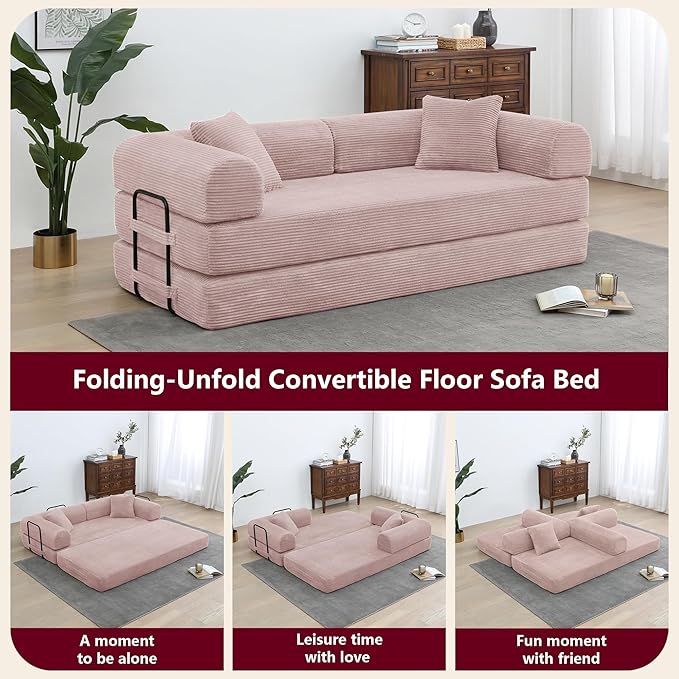 JJJ 63 inch Sofa Bed 4-in-1 Boneless Convertible Corduroy Sleeper Folding Couch with Fixed-Shape Frame and 2 Futons No Assemble Required 3 Seater Upholstered for Living Room (Pink 63 inch)
