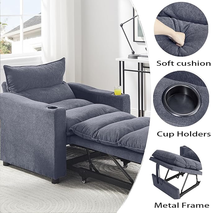 3-in-1 Convertible Sleeper Chair Bed Adjustable Pull-Out Sleeper Sofa Chair Modern Futon Sofa Bed Loveseat with Adjustable Backrest for Living Room Small Space (Gray 36 W)