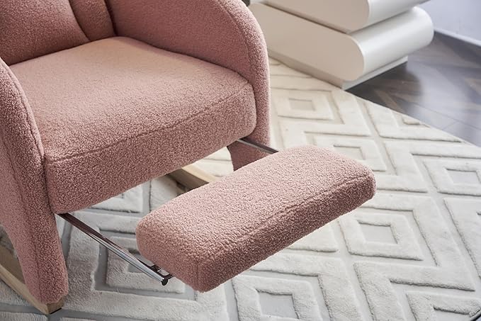 Rocking Chair with Foot Rest Nursery Glider Teddy Gliding Rocking Chair with Retractable Footrest Rubber Wood Legs Side Pocket High Back &amp Wide Seat Nursing Chair for Living Room (Pink)