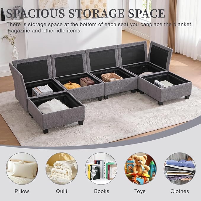 U Shaped Modular Sectional Sofa Couch with Storage Ottoman 6 Seat Convertible Upholstered Deep Seat Sofa with Chaise Lounge Comfy Cloud Couch for Living Room Gray