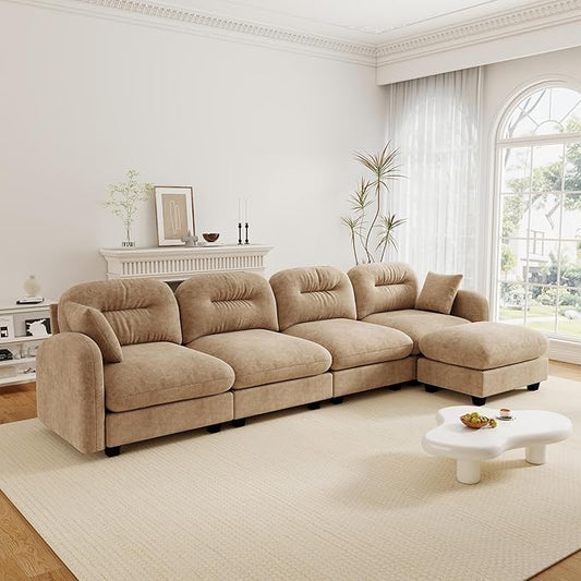 Cloud Couches for Living Room Modular Sectional Sofa 140 L-Shape Modular Couch with Movable Ottoman Oversized Sectional Couch with Deep Seat Camel