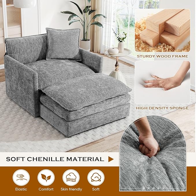 Oversized Chaise Lounge Chair Indoor Modern Comfy Chenille Cloud Accent Chair and A Half with Ottoman Single Deep Seat Sofa Couch Reading Armchair for Living Room Bedroom Apartment Light Gray
