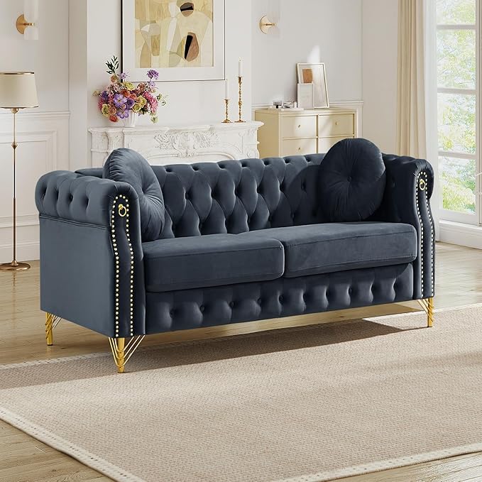 3 Pieces Chesterfield Sofa Set Velvet Mid Century Modern Loveseat Sofa with Button Tufted &amp Rivet Comfy 3-Seater Couch with Armrest Ring Cloud Chair for Living Room(37 W + 60.5 W + 82 W Bla