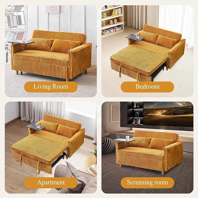 3 in 1 Pull Out CouchCorduroy Upholstered Convertible Sleeper Sofa Bed with Movable Side Table Modern Multifunctional Sofa with USB Port Cushioned Couch for Living Room (Yellow)