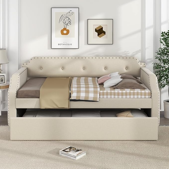 Beige Upholstered Daybed with Trundle Twin Size French Country Style Wood Slat Support Sofa Bed for Guest Room or Living Space