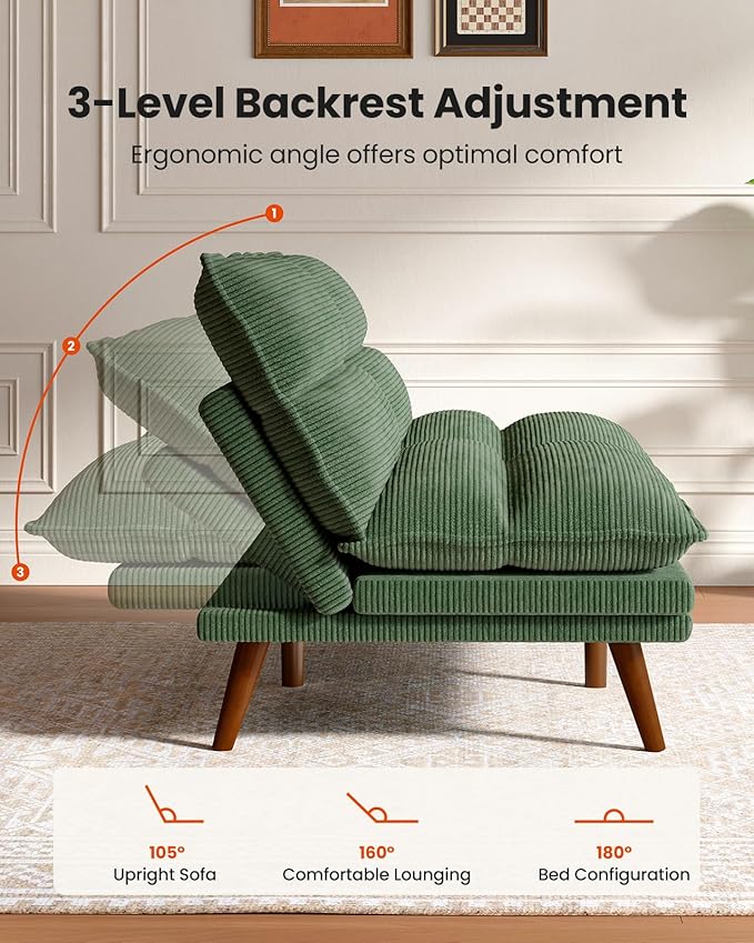 Amada Convertible Futon Sofa Bed - Corduroy Loveseat with Adjustable Backrest &amp Armrests Thickened Seat Cushion Small Space Sleeper Couch for Apartment Study Room &amp Office（Moss Green66 Inc