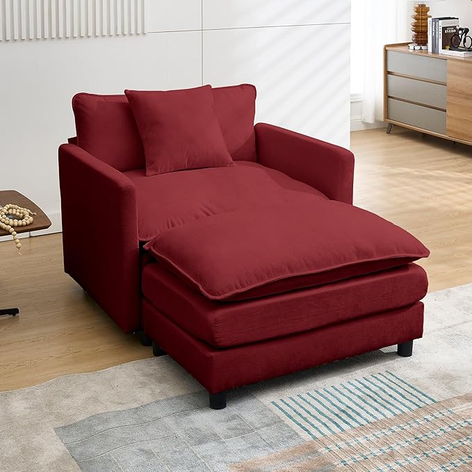 Modern Accent Chair with Ottoman Set for Small Spaces Comfy Polyester Barrel Reading Chair - Ergonomic Design Non-Slip Feet Easy Assembly for Living Room Bedroom Adults (Red)