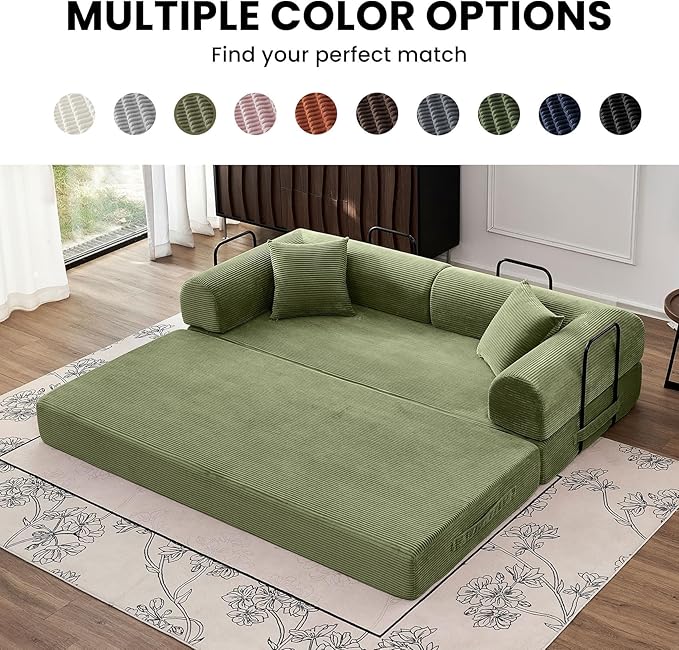 79 5-in-1 Convertible Sofa Bed Luxe Comfort Sleeper with Sturdy Frame No Assembly Corduroy Couch for Living Room Apartment &amp Relaxation Light Green