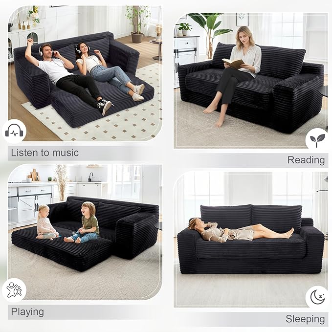 GNIXUU 71 Corduroy Cloud Loveseat Sofa 2 in 1 Convertible Sleeper Sofa with Fixed-Shape Frame Comfy Folding Boneless Love Seat Couches for Living Room Apartment Small Spaces Drak Grey