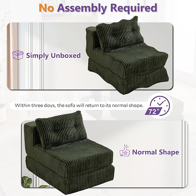 TYBOATLE Folding Sofa Bed Convertible Sleeper Chair with Back Support and Pillow Fold Out Floor Chair Bed Comfy Foldable Mattress Futon Couch for Living Room Bedroom (Forest Green Single Seat)
