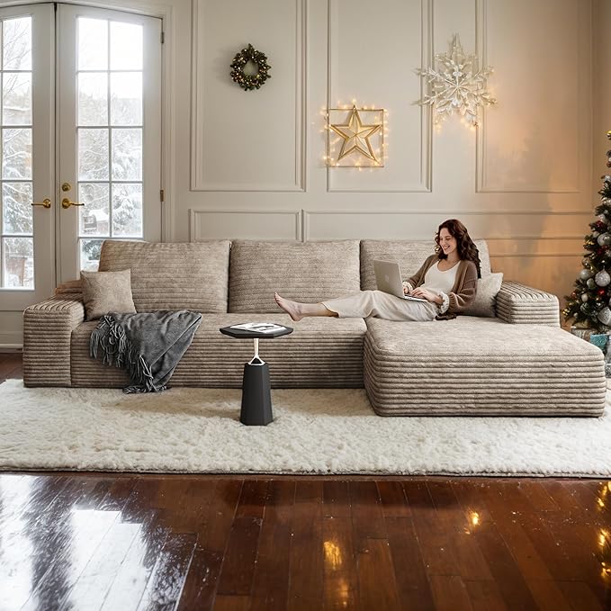108 W Corduroy Sectional Boneless Cloud Couch with Chaise No Assembly Required L Shaped Modular Sectional Sofa Oversized Cozy Fluffy Sofa for Living Room (Camel Right Facing Chaise) | Compression