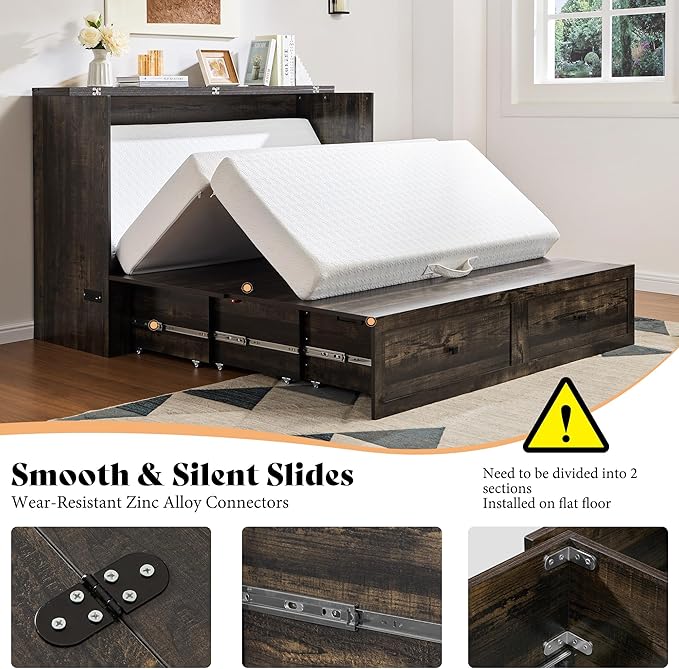 AMERLIFE Full Murphy Bed Cabinet with Charging Station and Storage Farmhouse Foldable Platform Bed for Guest Room Office Small Spaces Black Oak