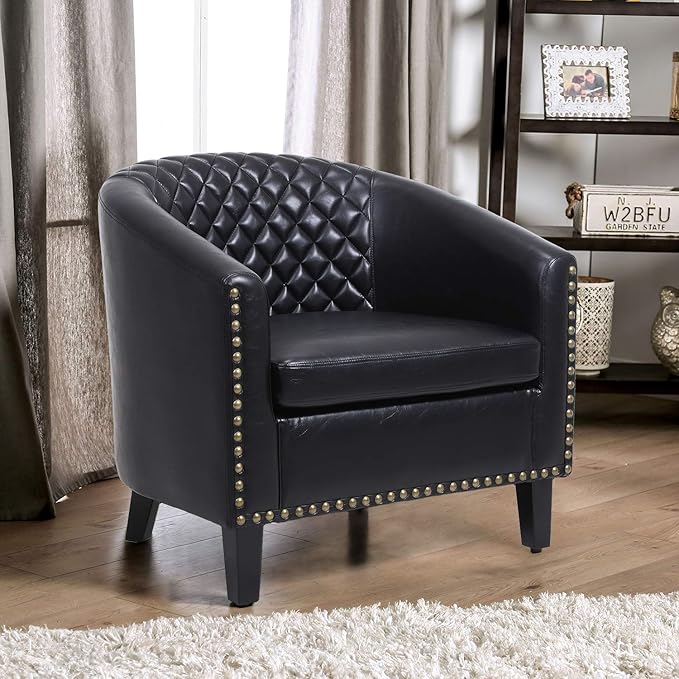 Artificial leather sofa chair barrel-shaped armchair side chair nail head decoration and diamond net backrest suitable for living room bedroom waiting room office and reading chair. (Black)