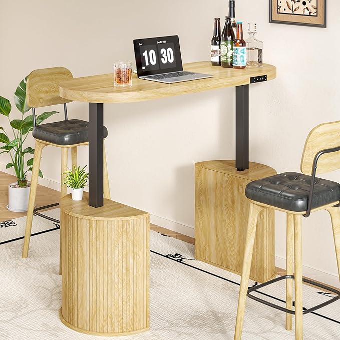 Mid Century Modern Electric Standing Desk with Storage 55 x 22 Inch Small Sit Stand Up Desk Wood Adjustable Height Computer Executive Desk for Home Office Laptop Oak