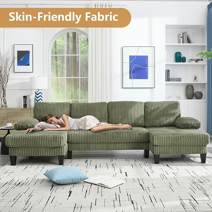 114.2” W Corduroy Sectional Sofa for Living Room U-Shaped Couch with Double Chaises and Comfortable Backrest Modern 4-Seater Deep Cloud Sofa for Small Spaces(Green)