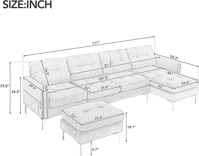kevinplus 111 Velvet Sectional Sofa Couch for Living Room Modern Contemporary L-Shaped 4-Seat Tufted Sofa Couch with Chaise Lounge &amp Ottoman for Apartment Office Strong Metal Leg Green