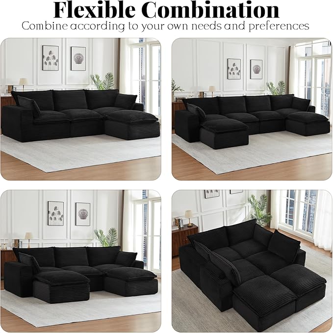 Modern U Shape Boneless Couch 109.4 Modular Sectional Sofa with 2 Ottoman Comfy Corduroy Cloud Sofa with Deep Seat &amp Double-Layer Cushion Convertible 5 Seater Sleeper Couches for Living RoomB