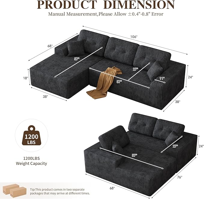 Ball &amp Cast 106 Boneless Sectional Sofa Corduroy Modular L Shaped Couch with Deep Seat Chaise Cloud Style Oversized Sofa for Living Room No Assembly Left Facing Grey