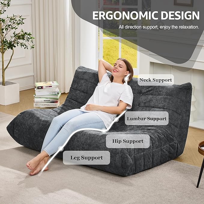 Bean Bag Chairs for Adults Giant Bean Bag Chair Memory Foam BeanBag Chair Bean Bag Sofa with Filler Faux Fur Fireside Beanbags Lazy Sofa for Living Room Bedroom Office (Darkgrey Chenille Loveseat)