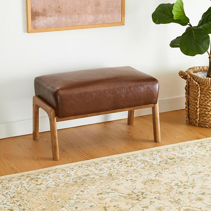 Glitzhome Rectangle Ottoman Bench Modern Coffee Leatherette Footstool with Walnut Rubberwood Legs for Living Room Bedroom