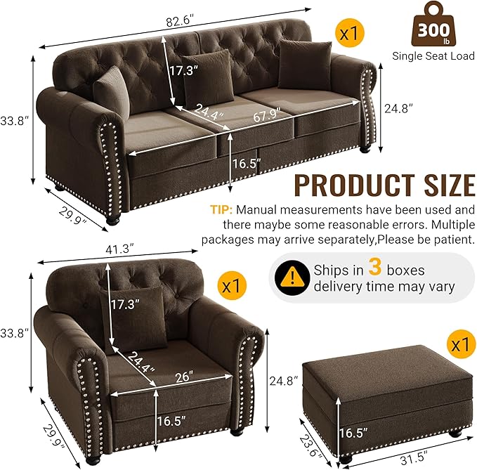 3 Piece Chesterfield Sofa and Chair with Ottoman Comfy 3 Seater Tufted Velvet Couch Set with Rolled Arms &amp 4 Pillows Mid Century Modern Couch and Chair and Ottoman Vintage Living Room Sets (Bro