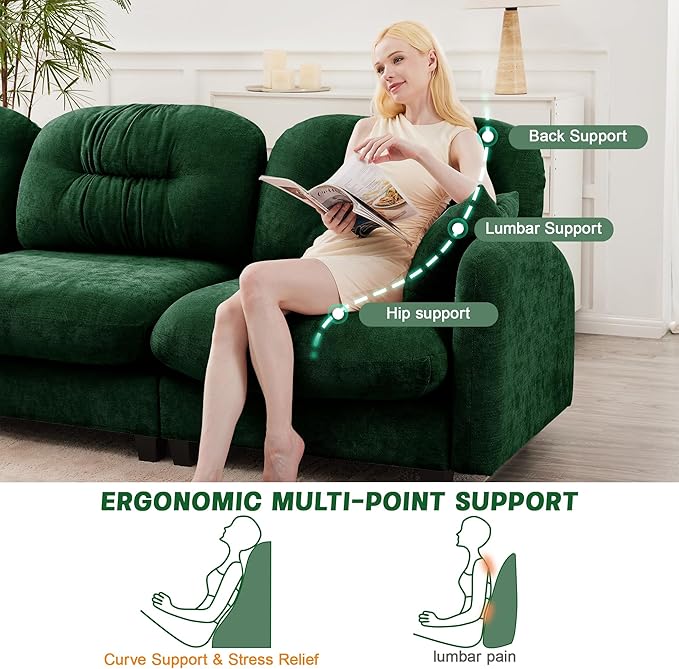 107 Sofas for Living Room Comfy Chenille Fabric Cloud Sectional Couch Modern Upholstered Deep Seat Sofa with Armrest Pillow 3 Seater Couch for Small Spaces Apartment Green