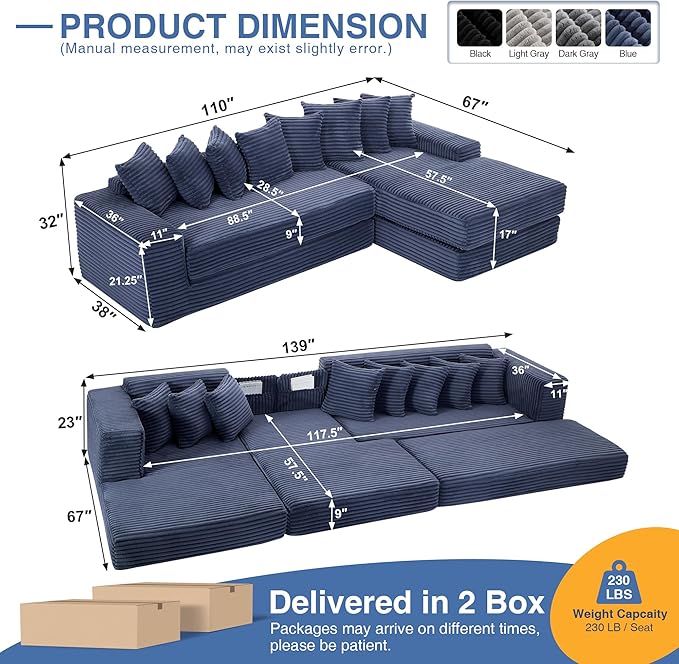 110'' Oversize Cloud Sectional Couches for Living Room Convertible Sleeper Sofa Bed Big Comfy Couch with 2 Side Pockets &amp 8 Pillows Corduroy Free-Combined (Blue 110 -Left Facing Chaise)