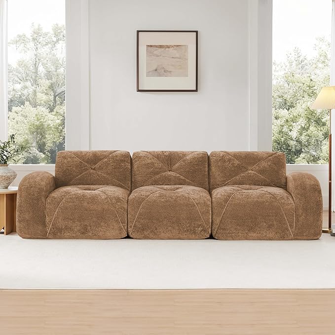 Boneless Couch Sectional Couches for Living Room 110.6'' Cloud Couch with Deep Seat Comfy Soft Velvet Modular Sectional Sofa Modern Oversized 3-Seater Boneless Sofa No Assembly Camel