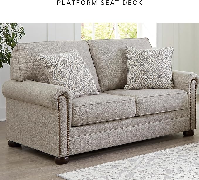 Signature Design by Ashley Gaelon Transitional Loveseat with Nailheads and 2 Accent Pillows Beige
