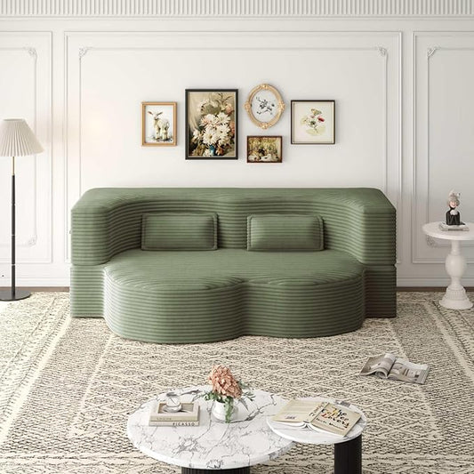 Modern 2-in-1 Convertible Sofa Bed 78 Full Size Corduroy Floor Sofa with 2 Pillows Folding Mattress Sleeper for Living Room &amp Guest Room No Assembly Required