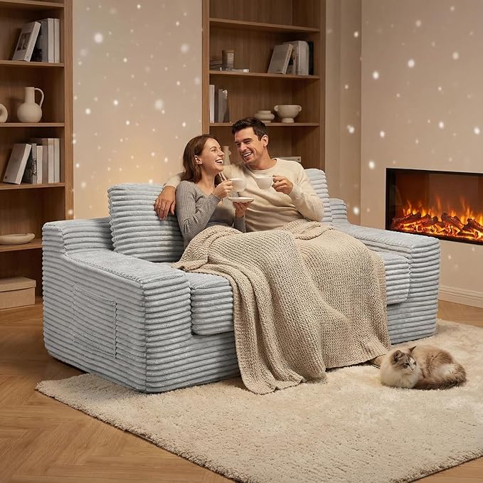 71 Corduroy Cloud Loveseat Sofa Bed Pull Out Convertible 2-in-1 Boneless Couch Deep Seat 2-Seater Design No Assembly Floor Sofa with Side Pockets for Living Room Bedroom Apartment (Grey)