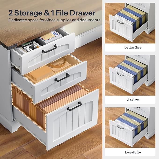 HOOBRO 94.5 Computer Desk with Power Outlet 2 Person Office Desk with Drawers Farmhouse Double Desk for Home Office A4/Letter Size Adjustable Shelves White and Walnut WH240UDN01